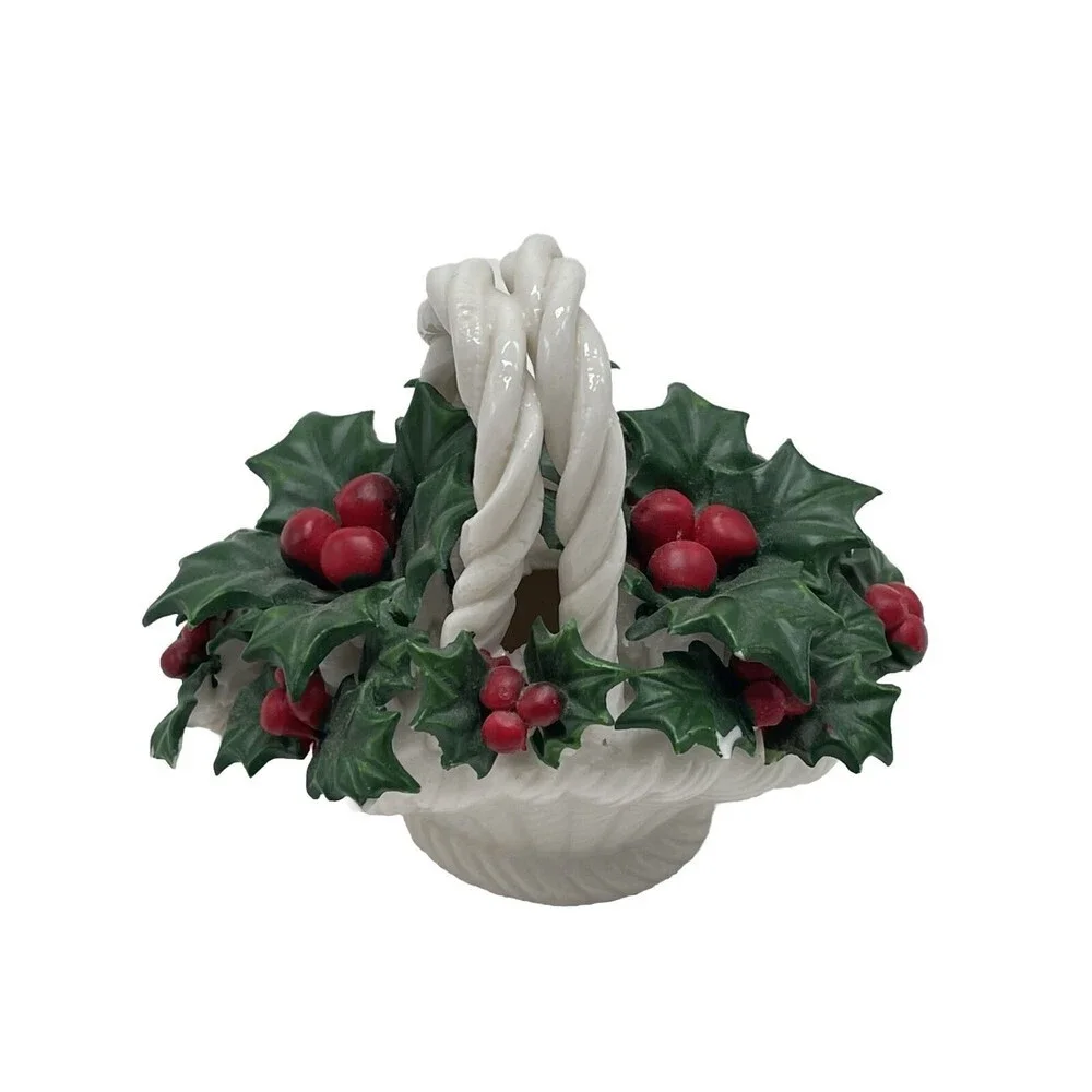 Ceramic Basket of Holly & Berries Christmas Holiday Decor Hermitage Pottery